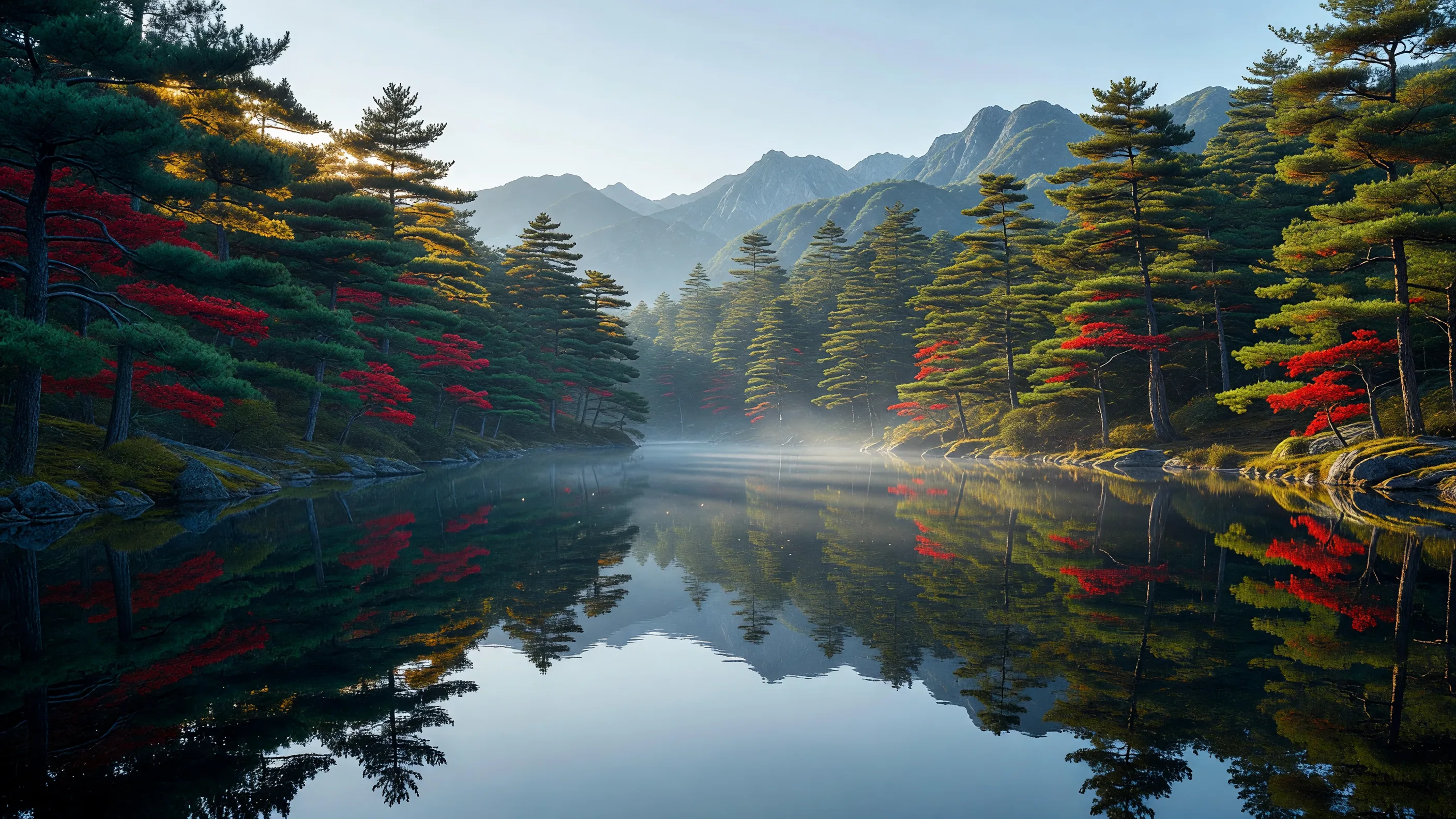 松林に囲まれた静かな山の湖