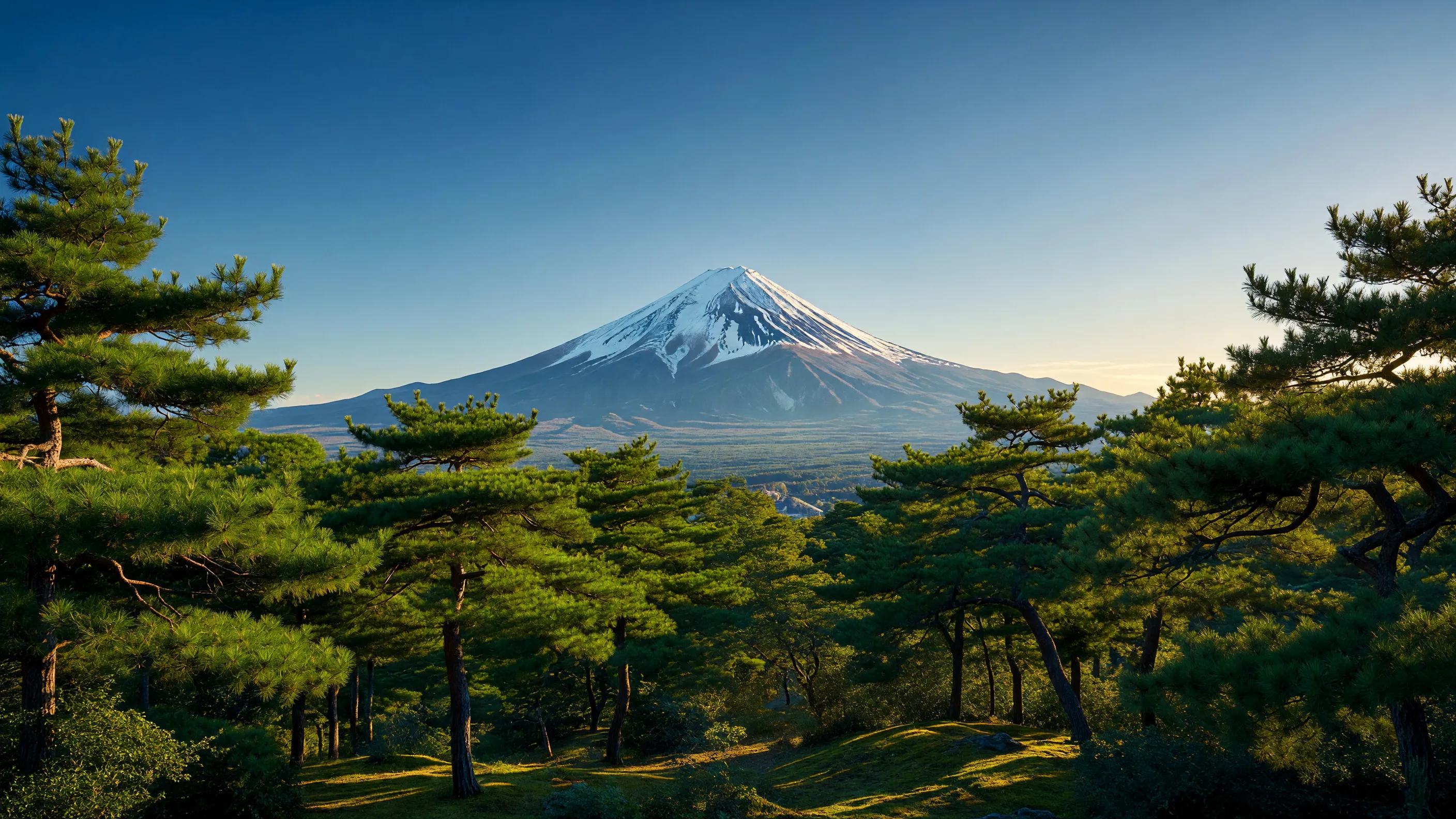 松林の向こうに雪を戴いた富士山が見えるパノラマ