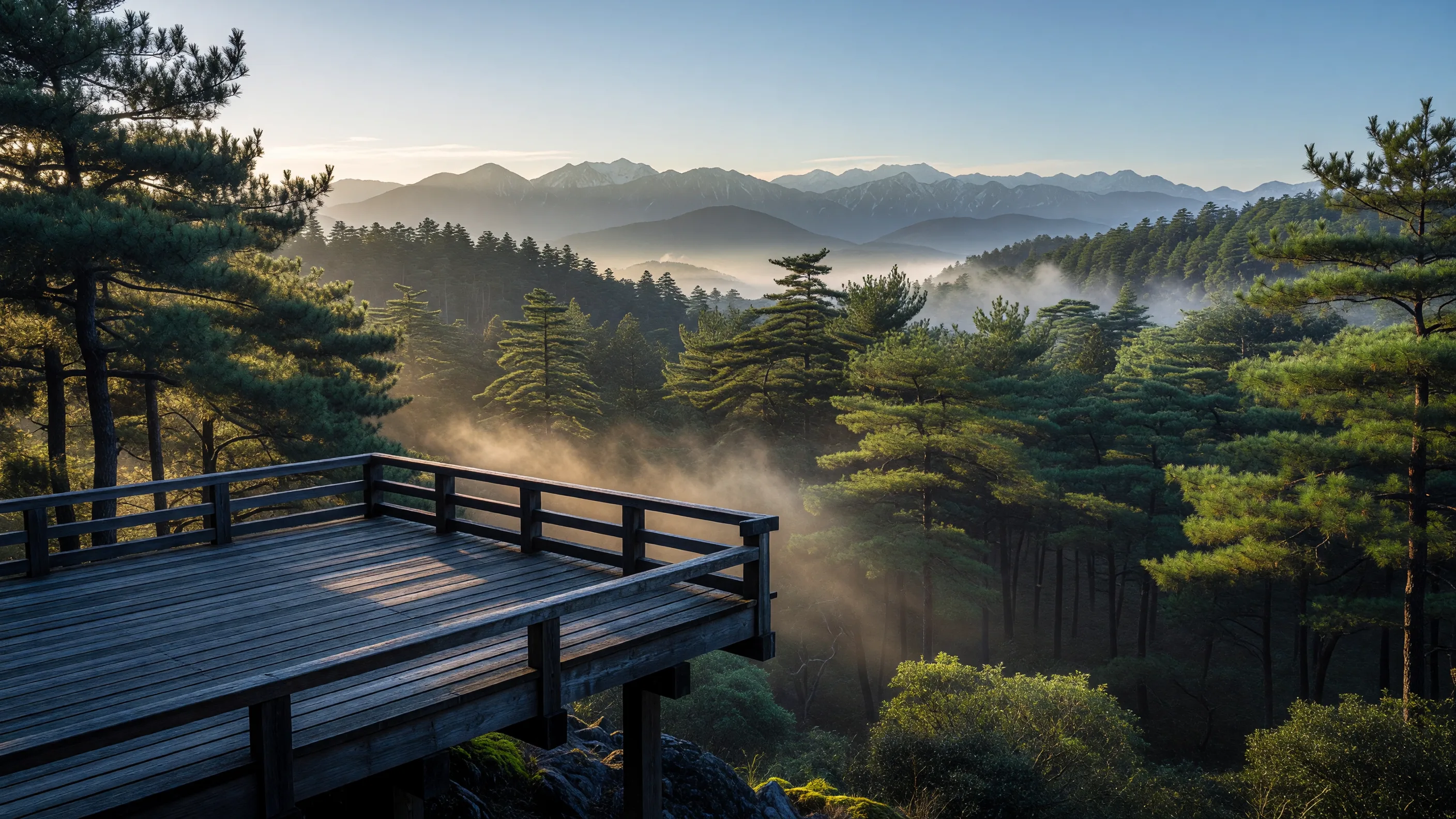 霧の立つ山並みを望む森の展望デッキ