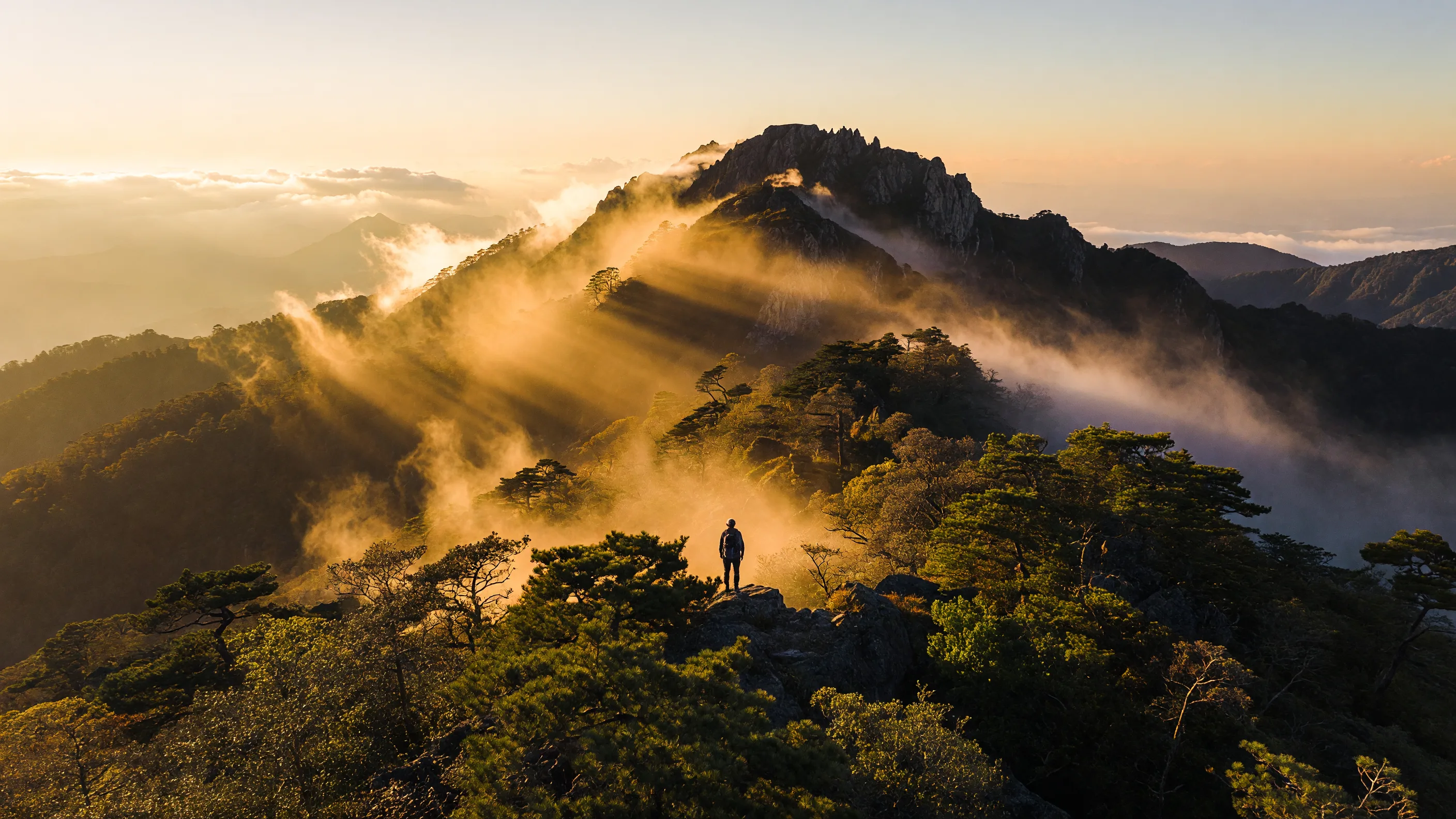 山頂で日の出を迎える登山者